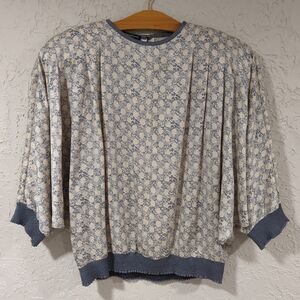 Vintage Pure Silk Hong Kong Slate Blue Cream Textured Loose Fit Top Women's 14